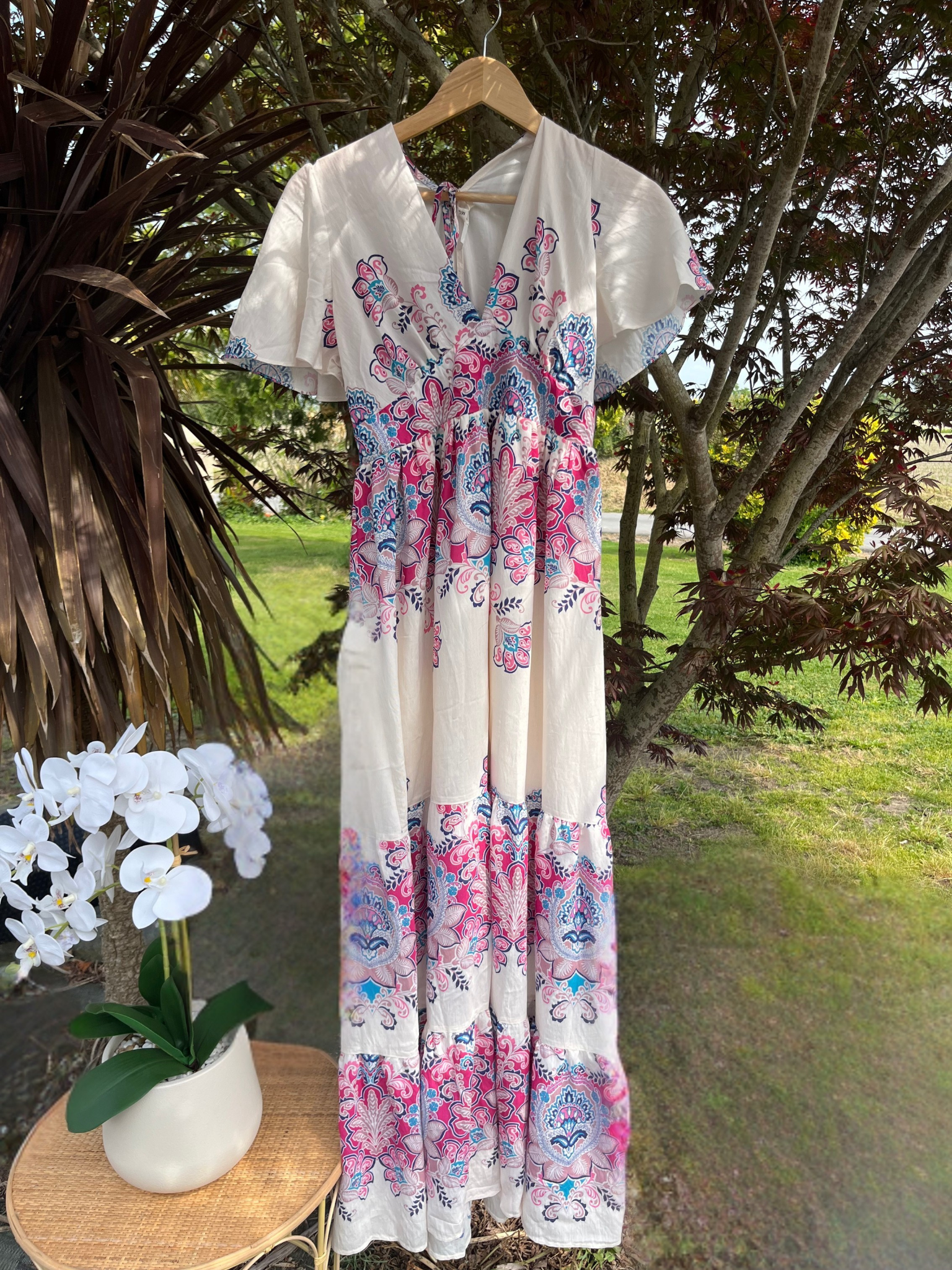 Robe longue fuchsia florale