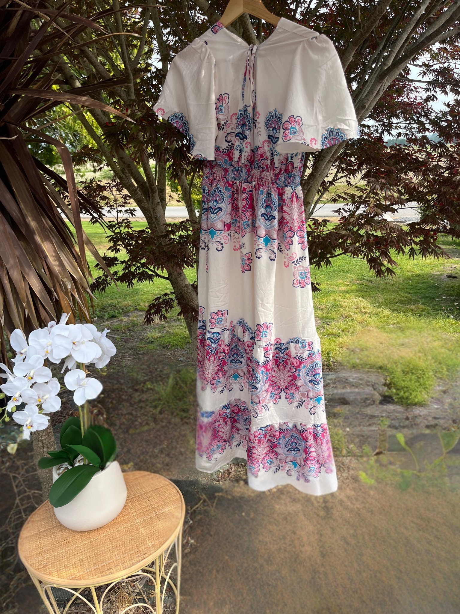 Robe longue fuchsia florale