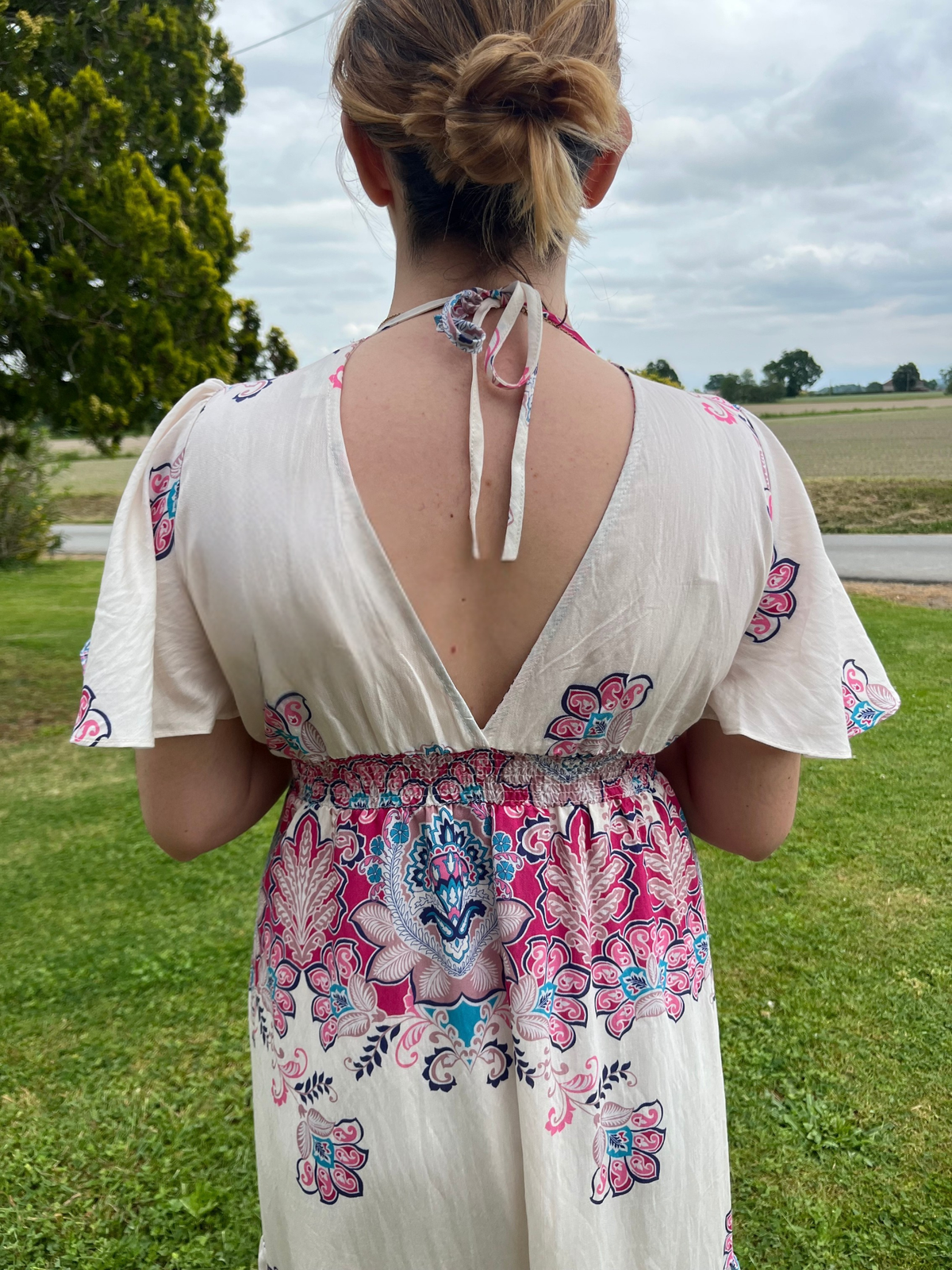 Robe longue fuchsia florale