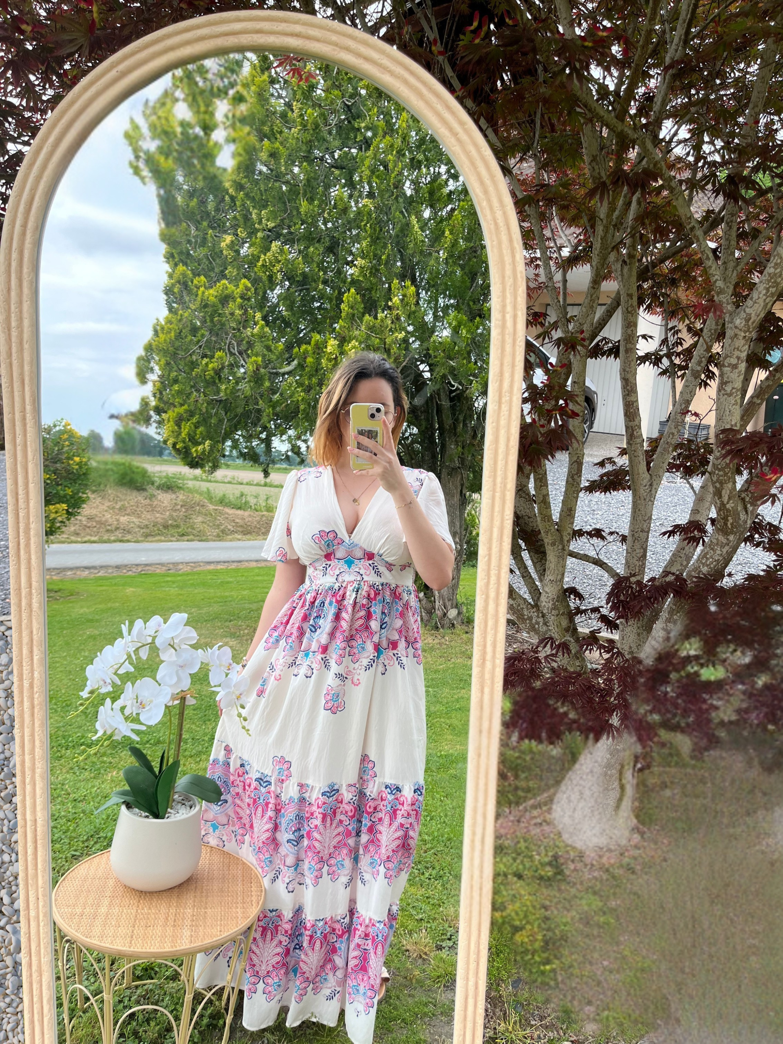 Robe longue fuchsia florale