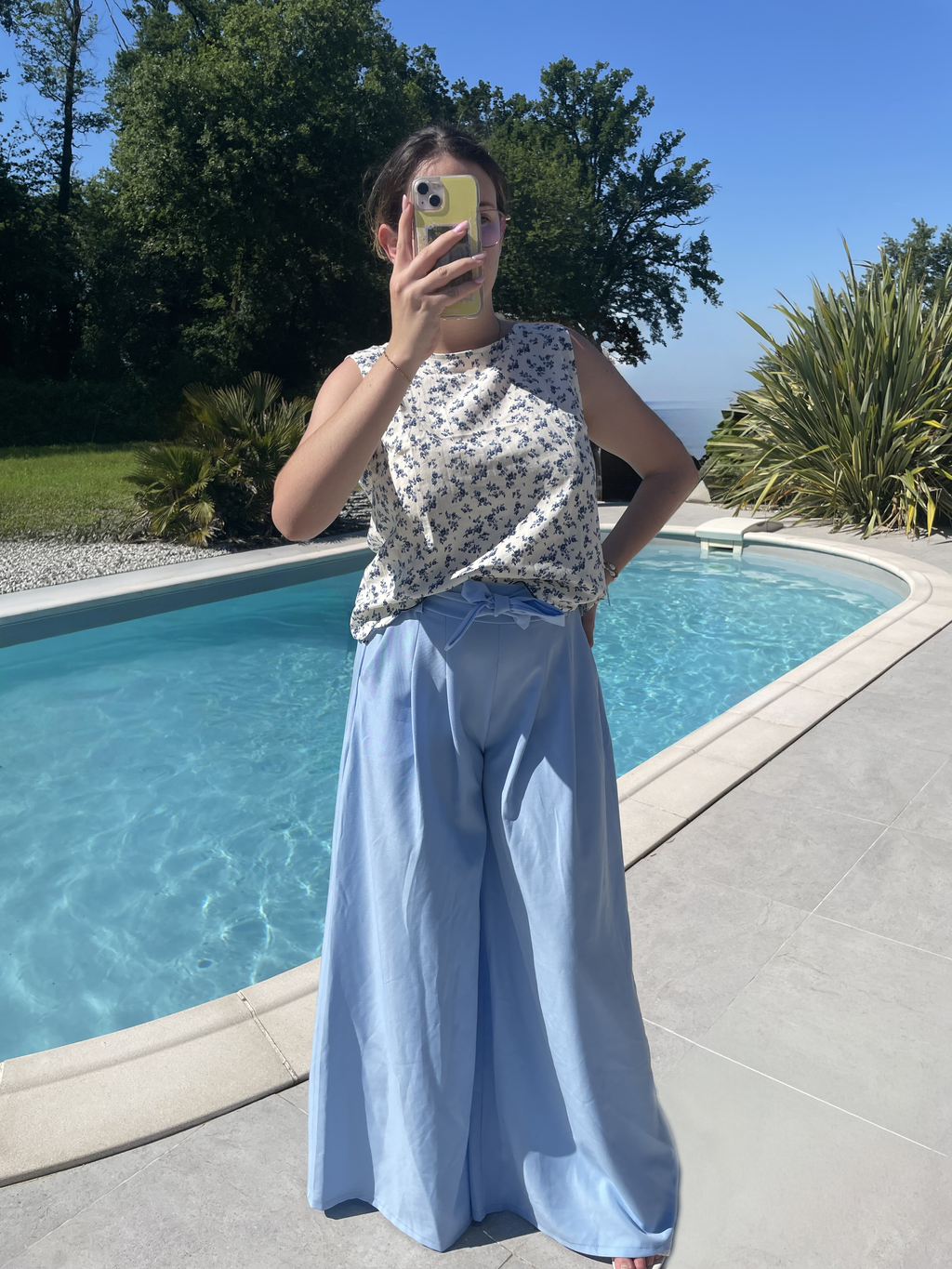 Pantalon palazzo bleu ciel / vert d’eau