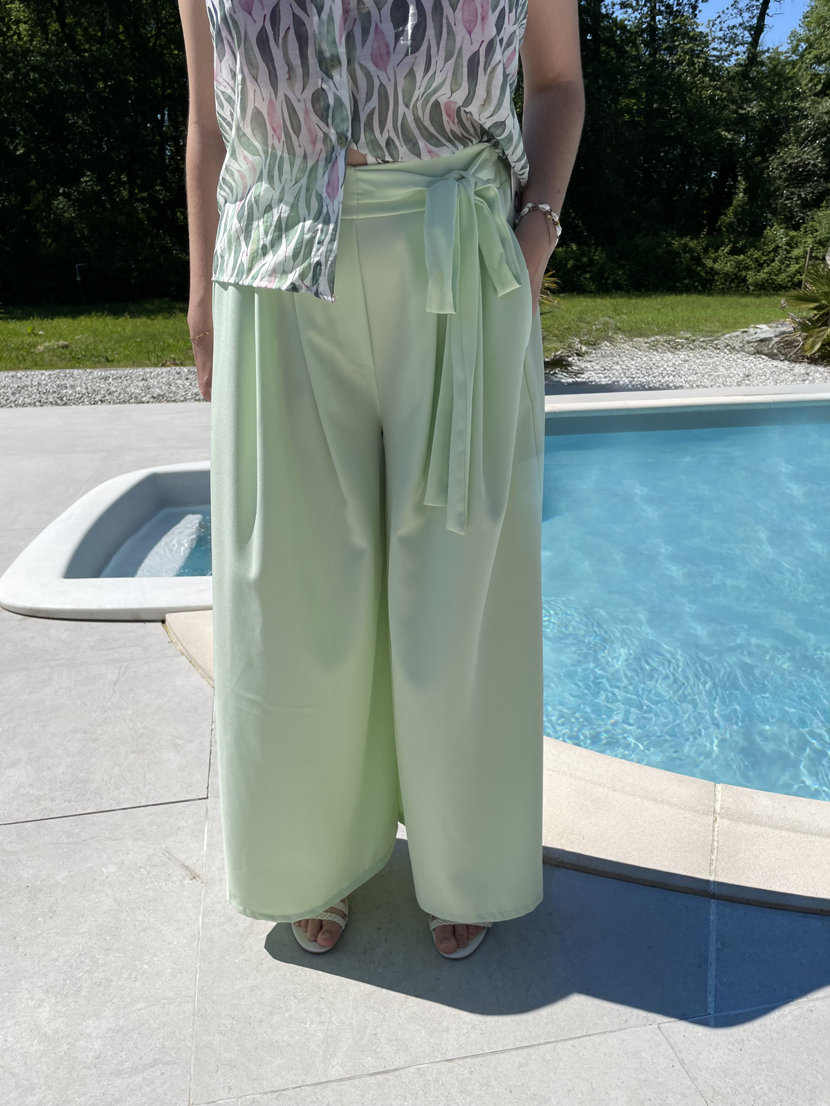 Pantalon palazzo bleu ciel / vert d’eau